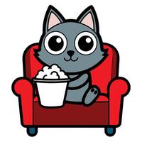 a cute cat sitting on a sofa holding a popcorn in solid background. vector