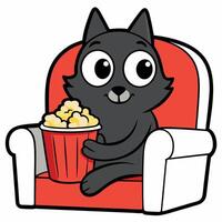 a cute cat sitting on a sofa holding a popcorn in solid background. vector