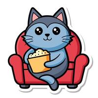 a cute cat sitting on a sofa holding a popcorn in solid background. vector