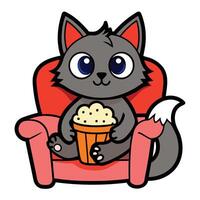 a cute cat sitting on a sofa holding a popcorn in solid background. vector