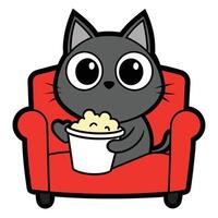 a cute cat sitting on a sofa holding a popcorn in solid background. vector