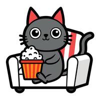 a cute cat sitting on a sofa holding a popcorn in solid background. vector