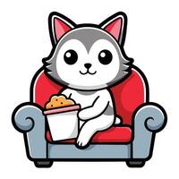 a cute cat sitting on a sofa holding a popcorn in solid background. vector