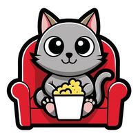 a cute cat sitting on a sofa holding a popcorn in solid background. vector