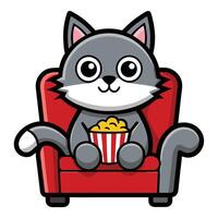 a cute cat sitting on a sofa holding a popcorn in solid background. vector