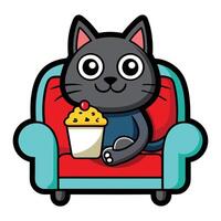 a cute cat sitting on a sofa holding a popcorn in solid background. vector