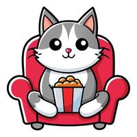 a cute cat sitting on a sofa holding a popcorn in solid background. vector