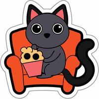 a cute cat sitting on a sofa holding a popcorn in solid background. vector