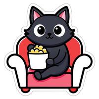 a cute cat sitting on a sofa holding a popcorn in solid background. vector