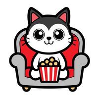 a cute cat sitting on a sofa holding a popcorn in solid background. vector