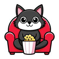 a cute cat sitting on a sofa holding a popcorn in solid background. vector
