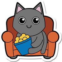 a cute cat sitting on a sofa holding a popcorn in solid background. vector