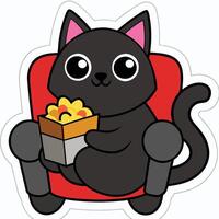a cute cat sitting on a sofa holding a popcorn in solid background. vector