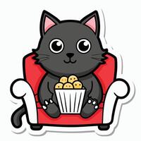 a cute cat sitting on a sofa holding a popcorn in solid background. vector