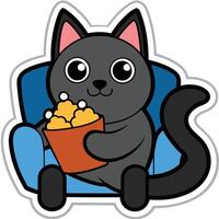 a cute cat sitting on a sofa holding a popcorn in solid background. vector