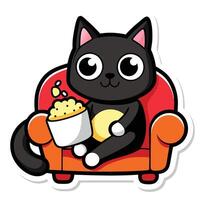a cute cat sitting on a sofa holding a popcorn in solid background. vector