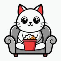 a cute cat sitting on a sofa holding a popcorn in solid background. vector