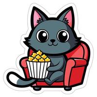 a cute cat sitting on a sofa holding a popcorn in solid background. vector
