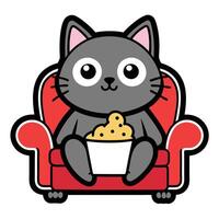 a cute cat sitting on a sofa holding a popcorn in solid background. vector
