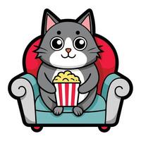 a cute cat sitting on a sofa holding a popcorn in solid background. vector