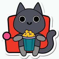 a cute cat sitting on a sofa holding a popcorn in solid background. vector