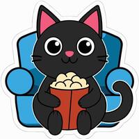 a cute cat sitting on a sofa holding a popcorn in solid background. vector