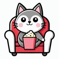 a cute cat sitting on a sofa holding a popcorn in solid background. vector