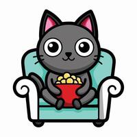 a cute cat sitting on a sofa holding a popcorn in solid background. vector