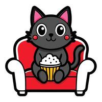 a cute cat sitting on a sofa holding a popcorn in solid background. vector
