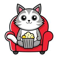 a cute cat sitting on a sofa holding a popcorn in solid background. vector