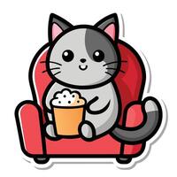 a cute cat sitting on a sofa holding a popcorn in solid background. vector