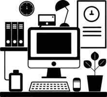 computer workspace silhouette illustration black and white vector