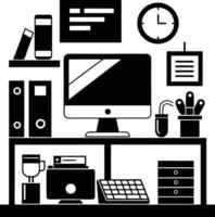 computer workspace silhouette illustration black and white vector