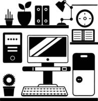 computer workspace silhouette illustration black and white vector
