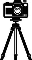 camera stand with camera illustration black and white vector