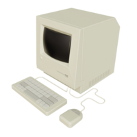Vintage white Desktop PC with keyboard and mouse on transparent background. 3D rendering png