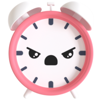 3d render cartoonish alarm clock with a angry face. The clock is red and white png