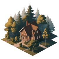 house building with isometric trees scene ,generative Simple Background png