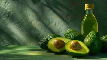 un grupo de aguacates con uno rebanado abierto revelador el cremoso textura y Rico color de el Fruta mientras un botella de aguacate petróleo soportes siguiente a eso enfatizando sus origen y beneficios video