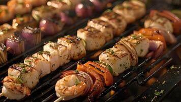 An array of assorted seafood skewers brushed with avocado oil before hitting the grill video