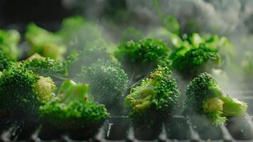 Thin wisps of steam rising from the grills grates as the broccoli florets cook video