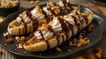 A decadent grilled banana split for dessert drizzled with dairyfree chocolate sauce and topped with crushed nuts and coconut whipped cream video