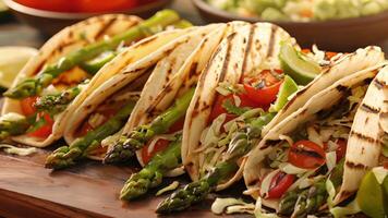 A summery twist on traditional tacos filled with grilled asparagus cherry tomatoes and crunchy cabbage slaw video
