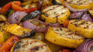 The vibrant colors of grilled vegetables including yellow squash and red onions shining through the sauce in a stirfry video