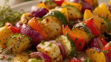 Skewers of juicy grilled vegetables enhanced with a blend of fragrant herbs for a mouthwatering dish video