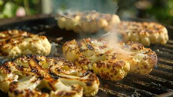 Deliciously smokey aroma wafting from a hot grill as thick cauliflower steaks sizzle and cha video