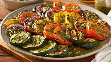 A plate of grilled vegetable slices drizzled with a flavorful herb vinaigrette for a refreshing twist video