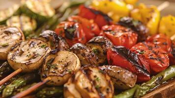 The rich colors and textures of grilled vegetable medley marked with precision video