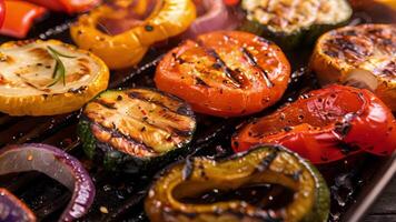 A closeup of grilled vegetables sizzling on a hot grill pan video