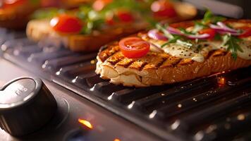 närbild av de justerbar temperatur ringa på de sida av de panini Tryck med markeringar varierar från låg till hög för exakt kontrollera över de grillning bearbeta video